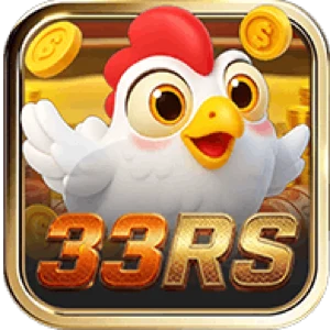 33RS app icon: a white cartoon chicken with a red comb and outstretched wings over gold coins, with 33RS in gold lettering on a gold rounded tile