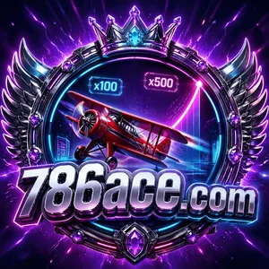 786ACE app icon: a red biplane inside a purple neon ring with x100 and x500 multipliers above 786ace.com lettering