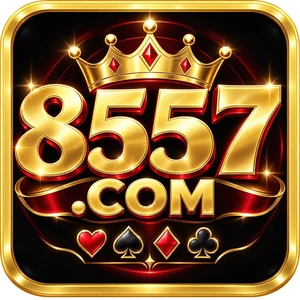 8557 app icon: gold 8557.com lettering under a crown with card suits, on a black tile
