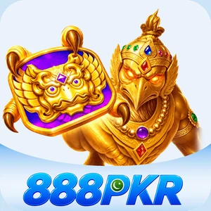 888PKR app icon: blue 888PKR lettering with a small Pakistan flag below a gold treasure-guardian character