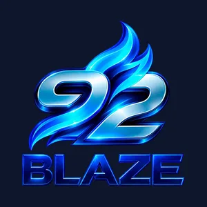 92Blaze logo: chrome 92 numerals in blue flames above BLAZE lettering, placed on a dark navy tile