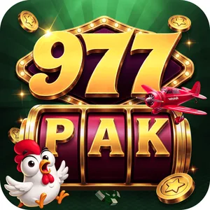 977PAK app icon: gold 977 above PAK on a slot machine with a rooster mascot on a green tile