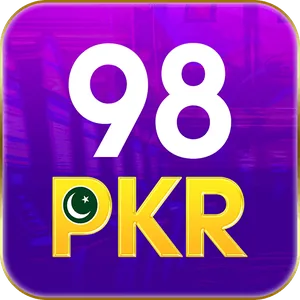 98PKR app icon: white 98 above gold PKR lettering with a small Pakistan flag crescent, on a purple rounded tile