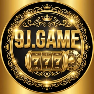 9J app icon: gold 9J.GAME lettering above a slot machine inside an ornate gold ring on a black tile
