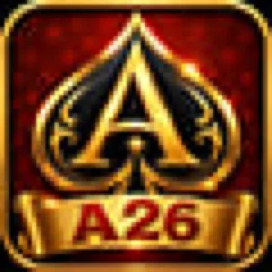 A26 app icon: a large gold ace of spades on a dark red tile with A26 lettered on a gold ribbon banner beneath it