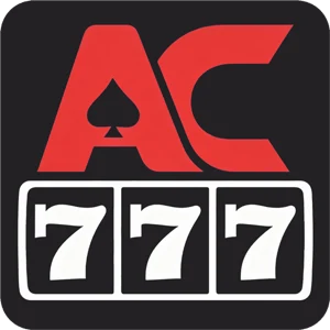 AC777 app icon: AC in red capitals with a black spade inside the A, above 777 set on three white slot reels, on a black rounded tile
