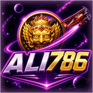 ALI 786 app icon: a gold crowned Garuda medallion and a red biplane trailing light across a purple starfield, with ALI786 in white and gold lettering