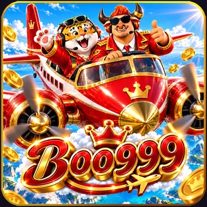 Boo999 app icon: gold Boo999 lettering under a red aeroplane carrying a tiger and a bull mascot