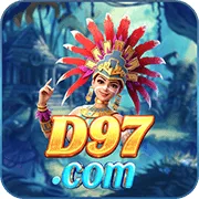 D97 app icon: a dancer in a red feathered headdress beside gold D97 .com lettering on a jungle-blue tile