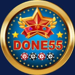 Done55 app icon: red DONE55 lettering under a gold star and laurel inside a gold ring on a blue tile