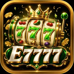 E7777 app icon: a gold 777 slot machine with a crown above E7777 lettering on a dark green tile