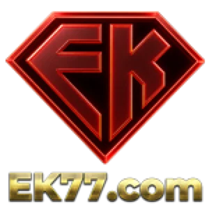 EK77 app icon: a red diamond crest holding an EK monogram, with EK77.com in gold lettering beneath it on white
