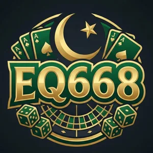 EQ668 app icon: gold EQ668 wordmark under a crescent and cards, above a roulette wheel on a dark green tile