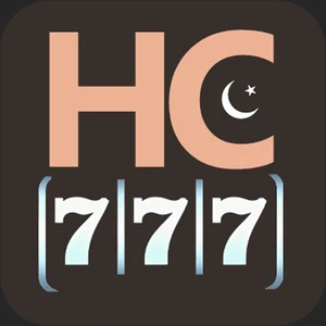 HC777 app icon: beige HC lettering with a crescent and star above white 777 slot reels, on a dark grey tile