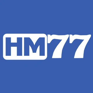 HM77 app icon: white HM77 lettering on a rounded blue tile