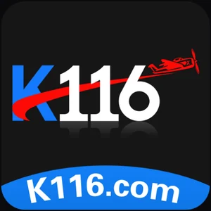 K116 app icon: a blue K and white 116 with a red aeroplane above a K116.com banner, on a black tile