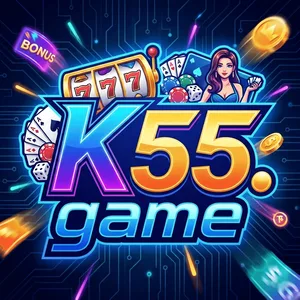 K55 app icon: blue K55 lettering above a game bar with 777 reels and cards on a dark blue tile