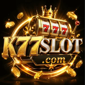 K77 app icon: gold K77SLOT .com wordmark with 777 and coins on a black tile