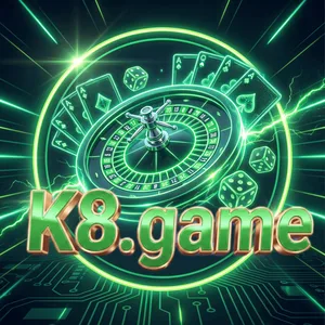 K8 app icon: green K8.game lettering over a neon roulette wheel and cards on a dark tile