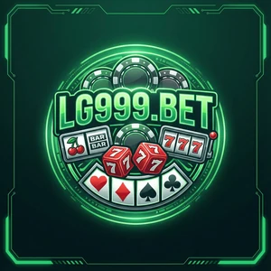 LG999 app icon: white LG999.BET lettering over dice, cards and a slot reel inside a green neon ring