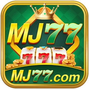 MJ77 app icon: gold MJ77 lettering under a crown with a red and white slot machine showing 777 and gold coins, on a green tile with MJ77.com on a gold banner