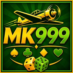 MK999 app icon: gold MK999 lettering with a biplane above and card suits and dice below, on a green tile with a gold border