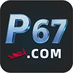 P67 app icon: chrome P67 lettering with a gold crown and a small plane above .COM on a dark tile