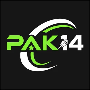 PAK14 app icon: white PAK14 wordmark with a green swoosh on a black tile