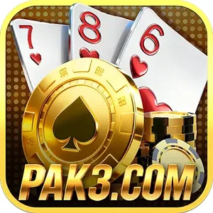 Pak3 app icon: three playing cards (7, 8, 6) behind a gold spade chip and red dice above PAK3.COM lettering on a gold tile