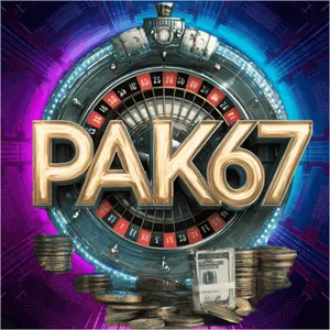 PAK67 app icon: gold PAK67 wordmark over a roulette wheel with coins and cash on a purple tile