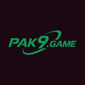 PAK9 landing-page wordmark: green PAK9.GAME lettering with a swoosh, placed on a dark maroon tile