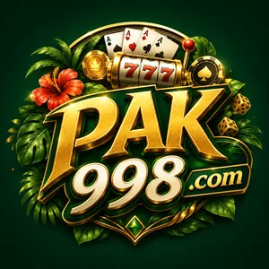 PAK998 app icon: gold PAK 998 .com wordmark with playing cards and a hibiscus on a dark green tile