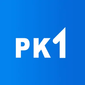 PK1 app icon: white PK1 wordmark with a blue slash on a blue tile