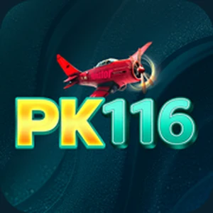 PK116 app icon: gold PK and mint 116 lettering below a red aeroplane on a dark teal tile
