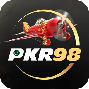PKR98 app icon: white PKR and red 98 wordmark with a red plane on a black tile