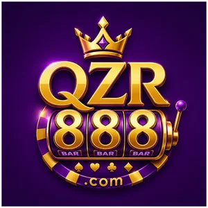 QZR888 app icon: gold QZR888 .com lettering with a crown and a BAR slot strip on a purple tile