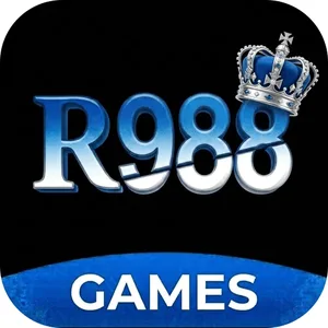 R988 app icon: blue R988 lettering under a crown above a GAMES banner on a white tile
