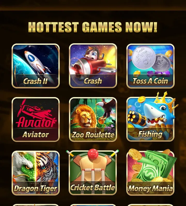 Royal Paisa landing page tiles titled Hottest games now: Crash II, Crash, Toss A Coin, Aviator, Zoo Roulette, Fishing, Dragon Tiger, Cricket Battle, Money Mania, Roulette, Quick Ludo and Mythical Animals