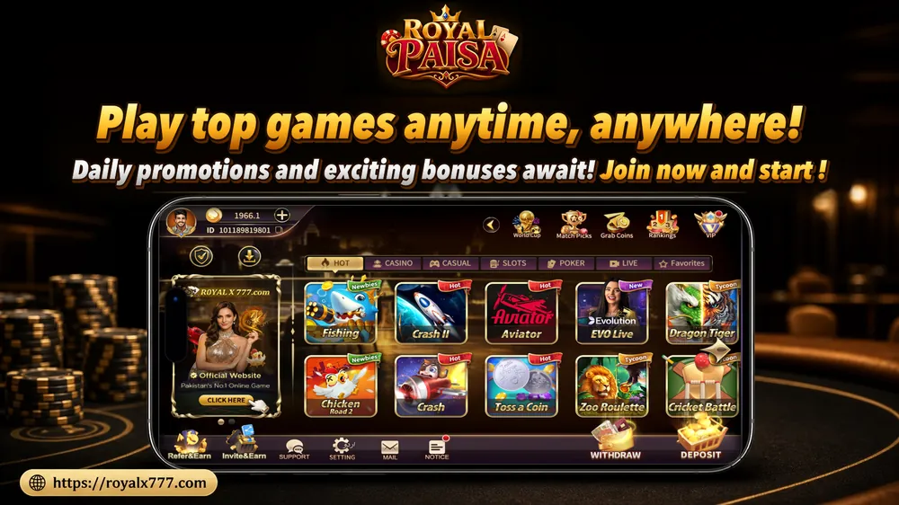 Royal Paisa (Royal X Casino) promotional image showing the app lobby: Hot, Casino, Casual, Slots, Poker and Live tabs, games such as Fishing, Crash II, Aviator, EVO Live and Dragon Tiger, and Deposit and Withdraw buttons