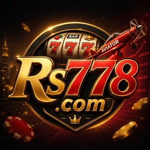 RS778 app icon: gold Rs and red 778.com lettering over a slot reel and a biplane, on a black tile