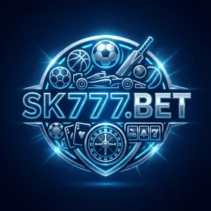 SK777 app icon: SK777.BET lettering inside a blue ring of sports balls, cards and dice on a dark blue tile