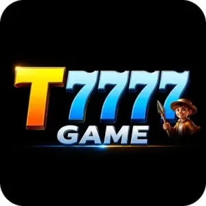 T7777 Game app icon: yellow T and blue 7777 above GAME with a cartoon explorer, on a black tile