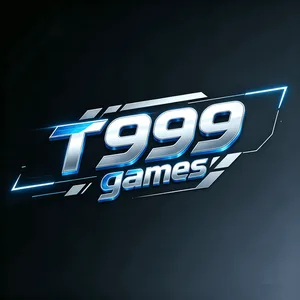 T999 app icon: silver T999 games wordmark with a blue swoosh on a dark tile