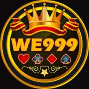 WE999 app icon: gold WE999 lettering under a crown with card suits inside a gold ring, on a black tile