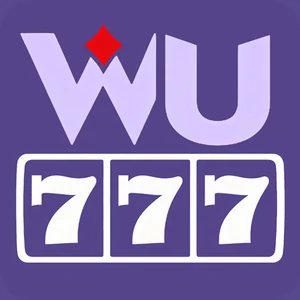 WU777 app icon: lilac WU lettering with a red diamond above three white 777 slot reels on a purple tile