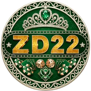 ZD22 app icon: gold ZD22 wordmark under a jewelled tiara on a green badge with chips, cards and dice