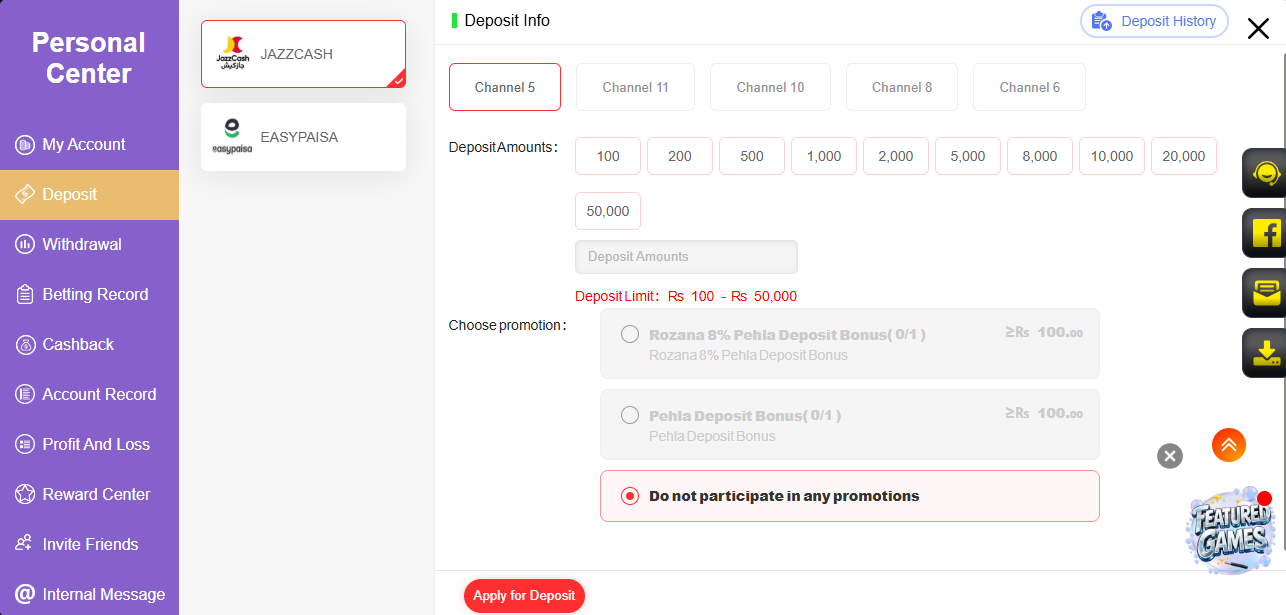 PKCasino deposit screen with JazzCash and EasyPaisa channels