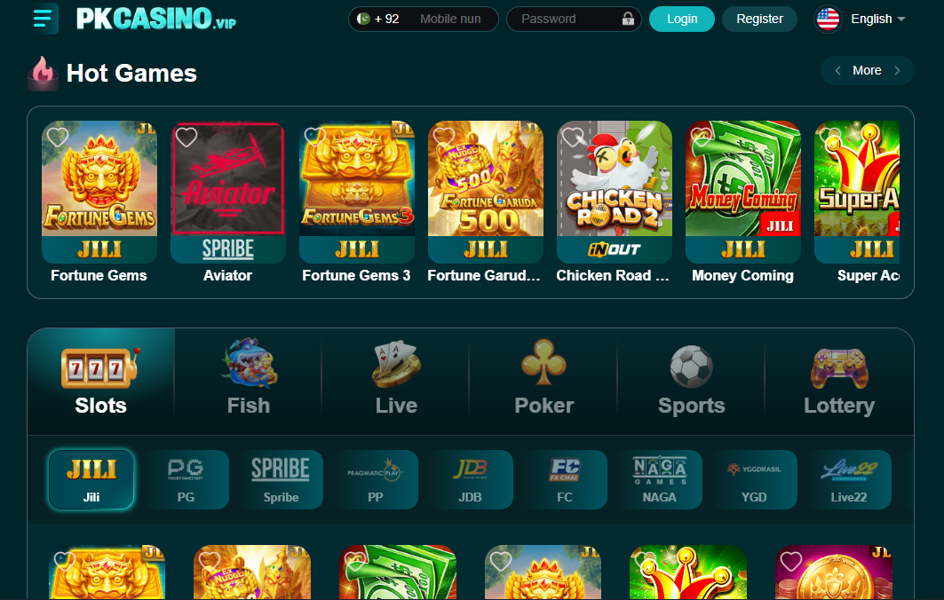 PKCasino game lobby showing the Hot Games row with Fortune Gems, Aviator and Super Ace, and category tabs for Slots, Fish, Live, Poker, Sports and Lottery