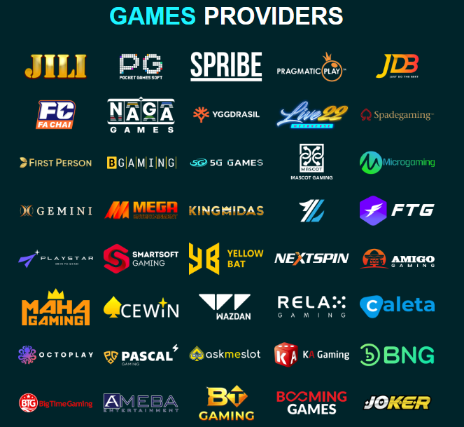 PKCasino provider filter showing studio logos including JILI, Pragmatic Play and Spribe