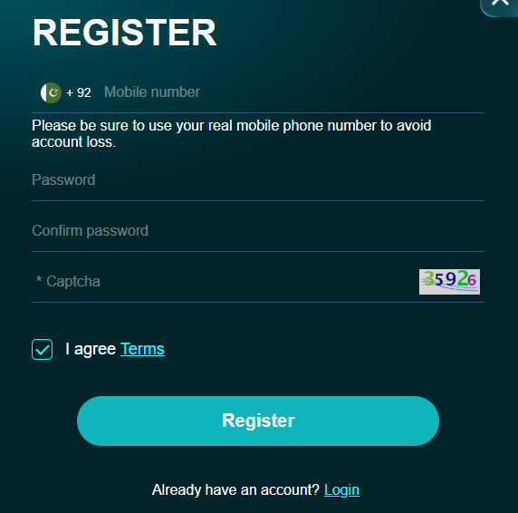 PKCasino registration form — mobile number and password
